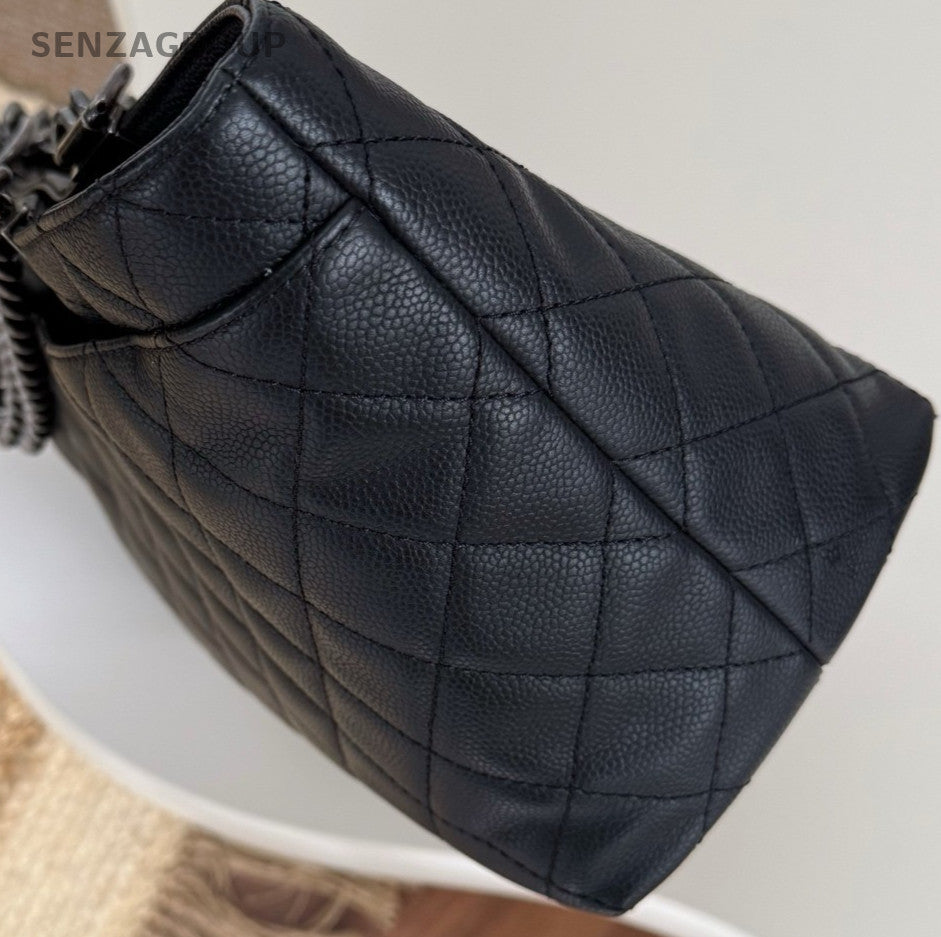 Chanel Calfskin Tote Chain Shoulder Bag Black Silver Used Women Classic