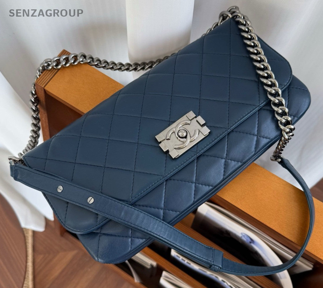 CHANEL Leboy Calfskin Chain Shoulder bag Crossbody Women Blue Silver