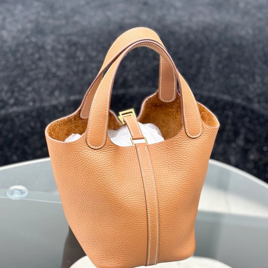 Hermes Picotin 18 Bucket Calfskin Top Handle Bag Brown Gold Hardware Women S