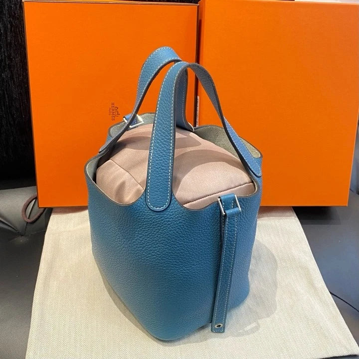 Hermes Picotin18 Bucket Top Handle Bag Blue Silver Used Women Classic D