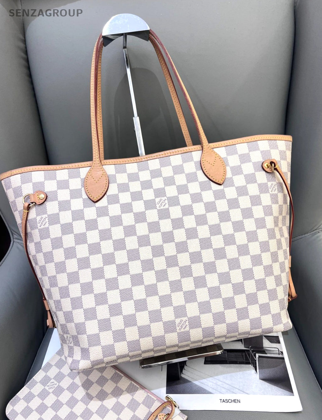 Louis Vuitton NF Neverfull MM White Damier Ebene Pouch Shoulder Bag Women