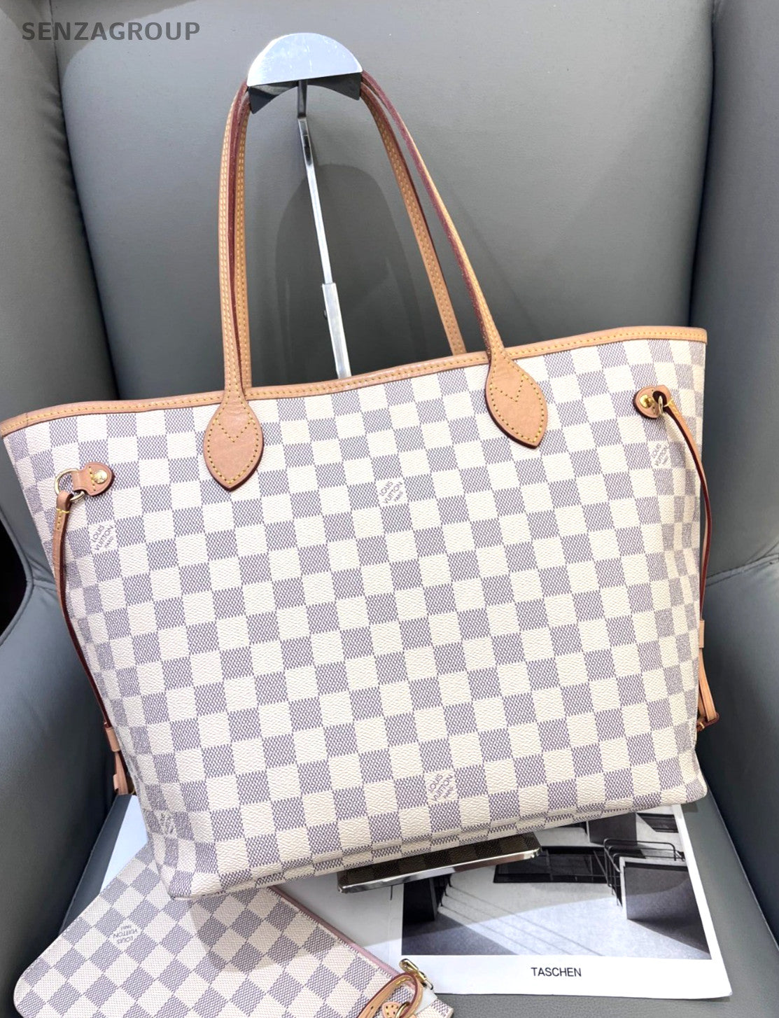 Louis Vuitton NF Neverfull MM White Damier Ebene Pouch Shoulder Bag Women