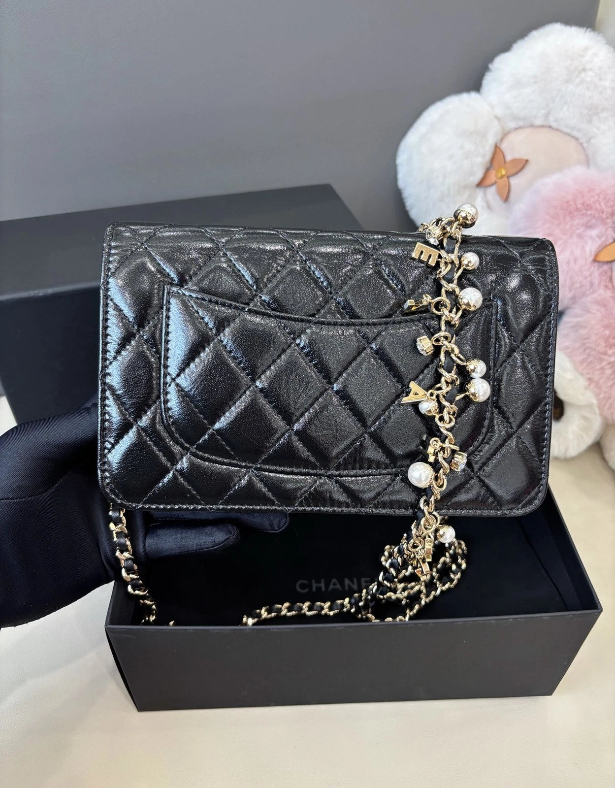 Chanel WOC Diamond Chain Shoulder Crossbody Black Gold Women Classic Fashion