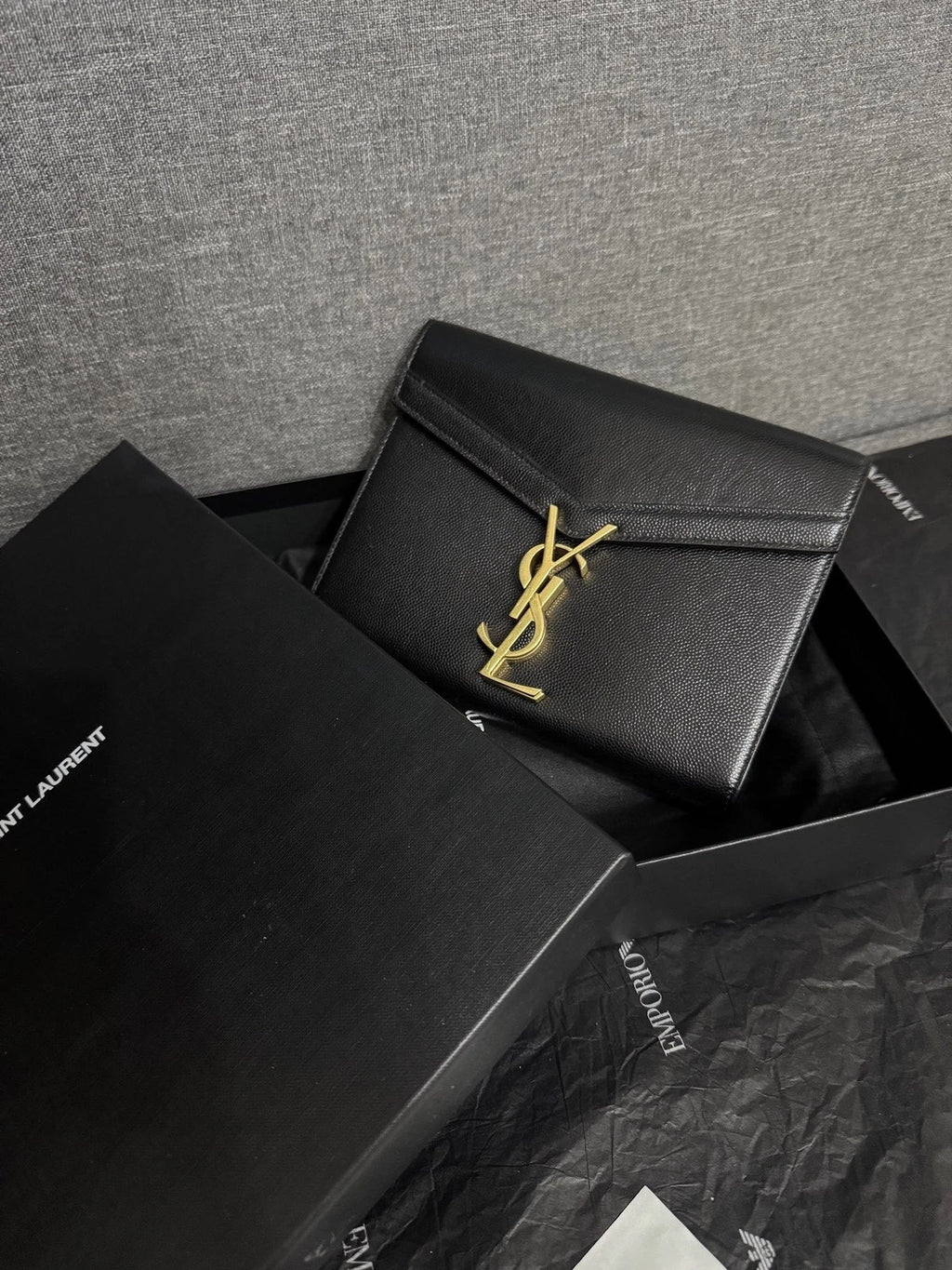 YSL CASSANDRA Gold Logo Black Envelope Shoulder Crossbody Women
