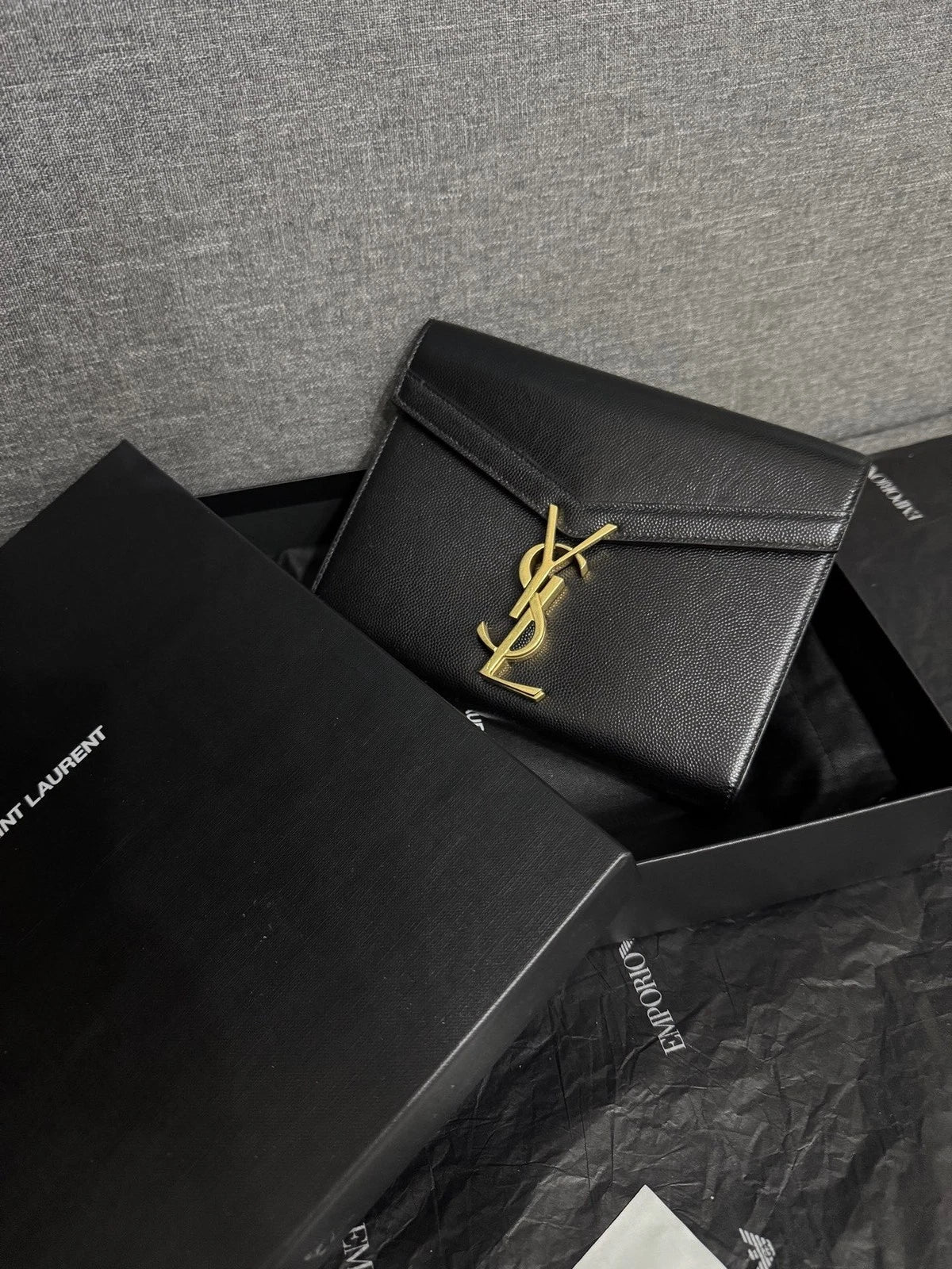 YSL CASSANDRA Gold Logo Black Envelope Shoulder Crossbody Women