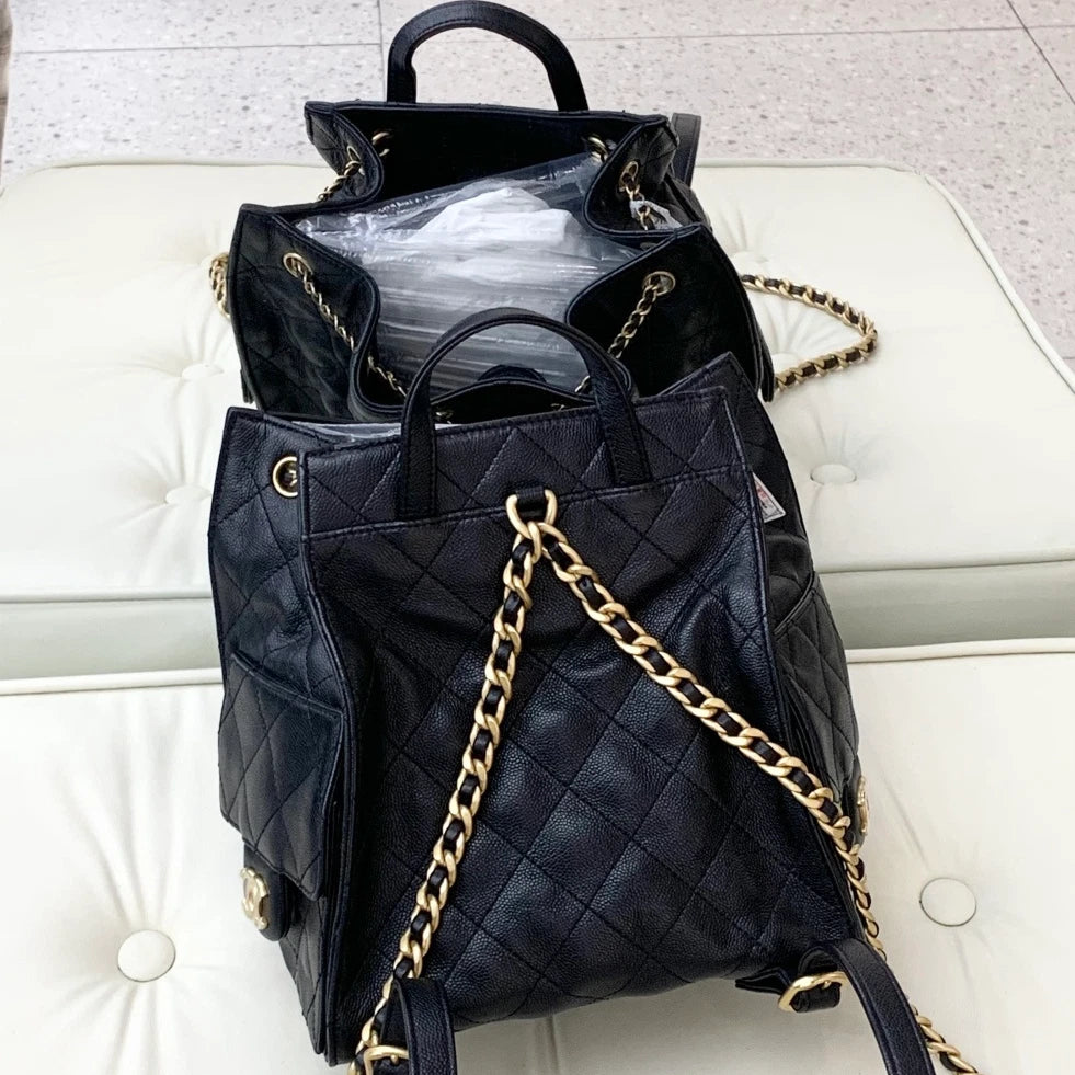 Chanel Calfskin Backpack PM Diamond Chain Top Handle Bag Black Gold Women S