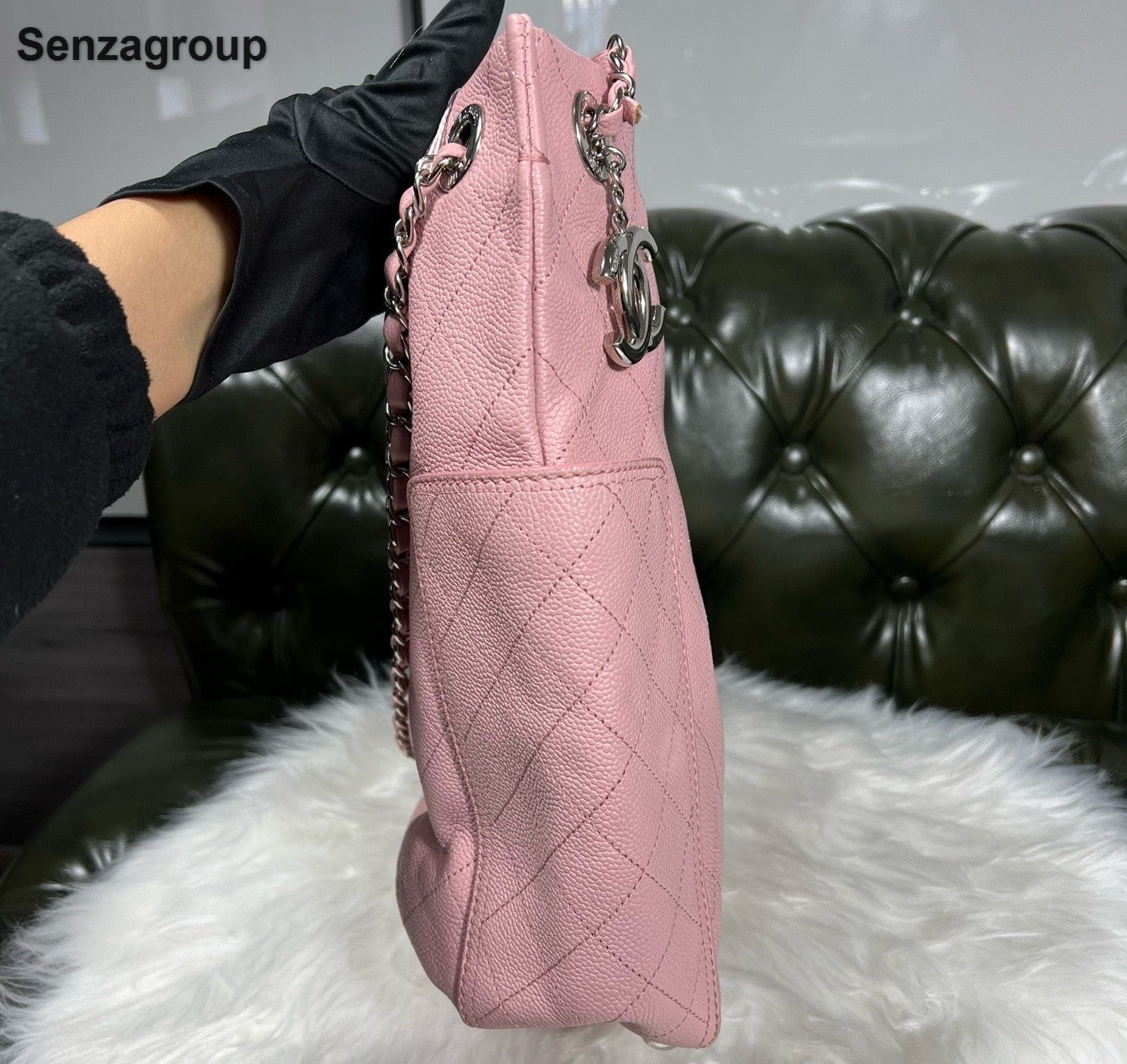 Chanel Tote Chain Shoulder Bag Pink Silver Used Women Classic Fashion