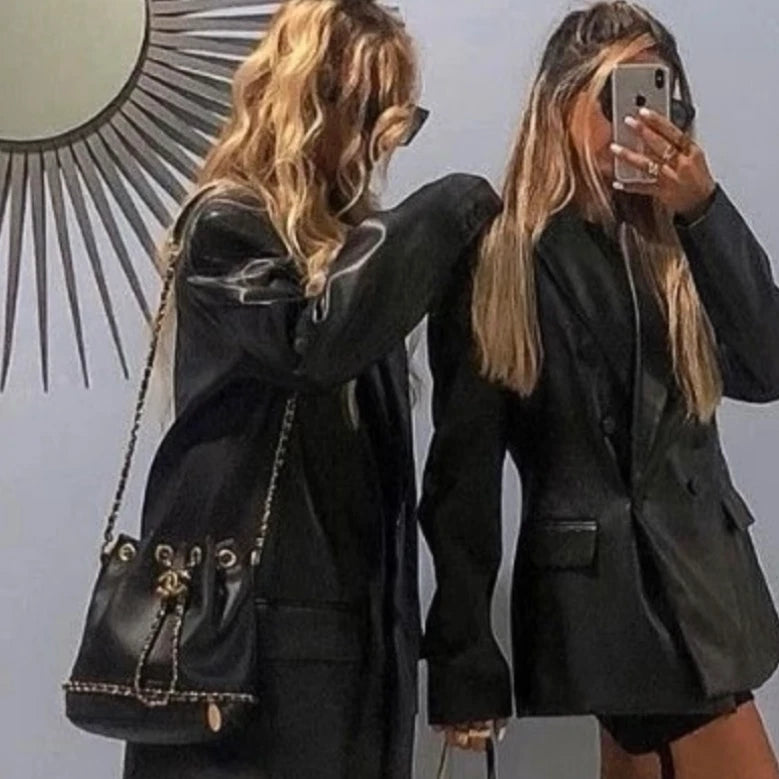 Chanel Greece Line Bucket Soft Calfskin Crossbody Bag Black Gold Women