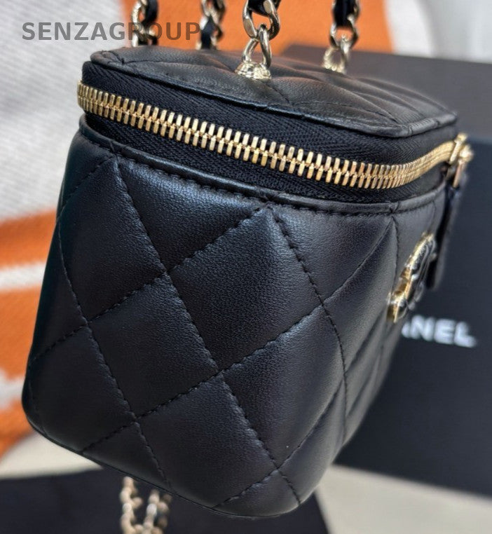 Chanel 23P Mini Chain Box Shoulder Bag Crossbody Black Gold Women Classic