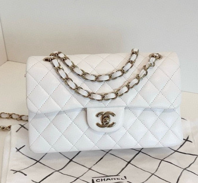 Chanel Classic Flap MM Calfskin Chain Shoulder Bag White Gold Women Fashion