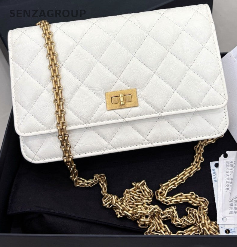CHANEL 2.55 Woc Calfskin Chain Shoulder bag Crossbody White Gold Women