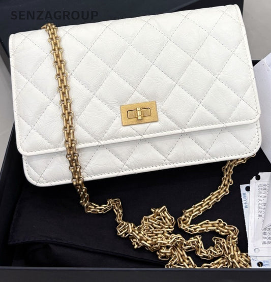 CHANEL 2.55 Woc Calfskin Chain Shoulder bag Crossbody White Gold Women