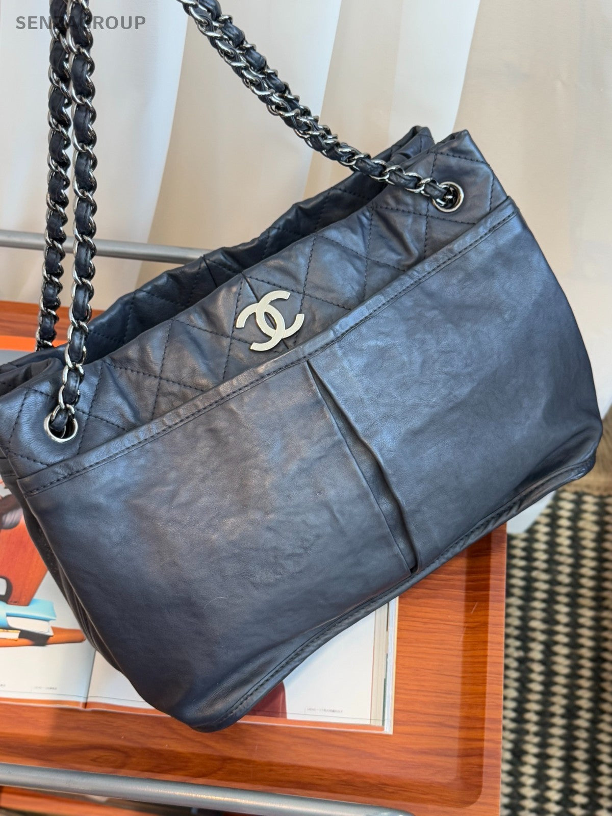 CHANEL CC Logo Tote Chain Shoulder bag Navy Blue Women Classic
