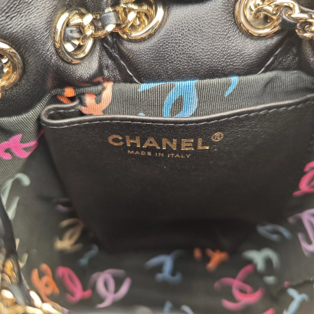 CHANEL Mini Black Gold Hardware Bucket Drawstring Backpack For Women