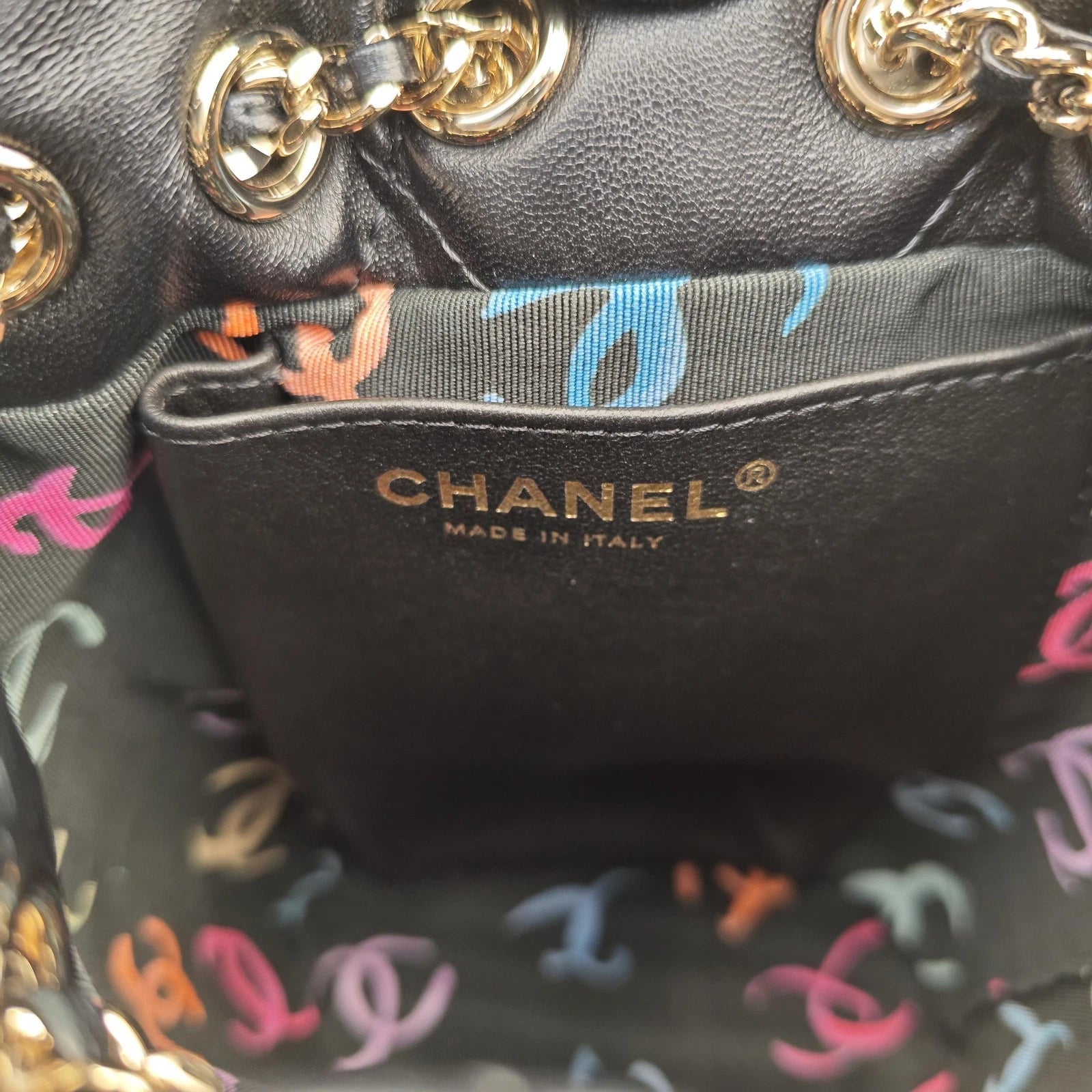 CHANEL Mini Black Gold Hardware Bucket Drawstring Backpack For Women