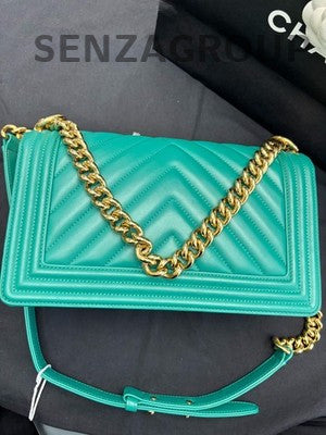 Chanel Le Boy Medium V-Stitch Chain Shoulder Bag Green Gold Clasp