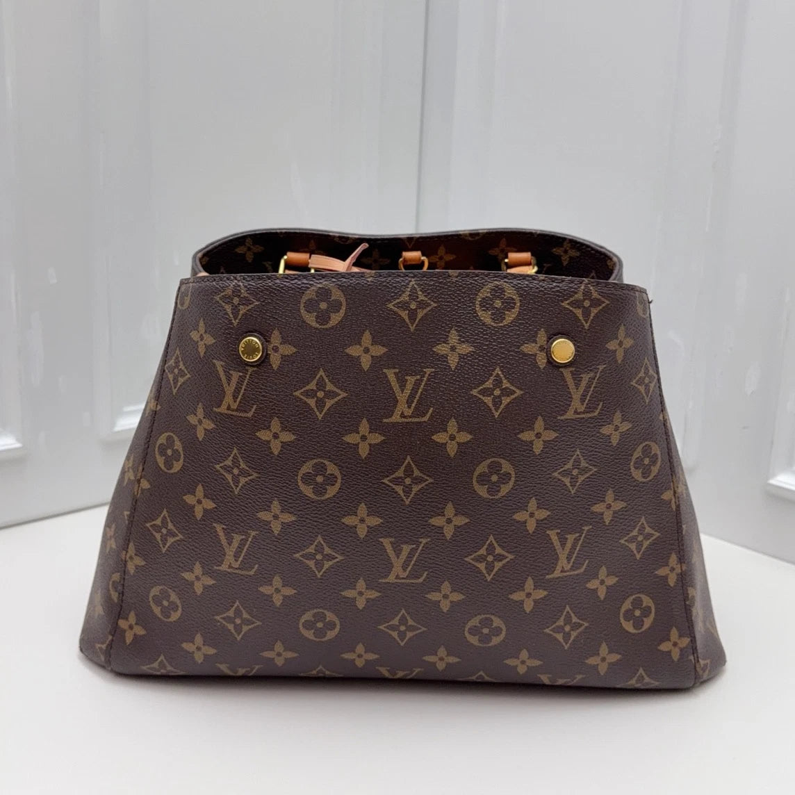 Louis Vuitton Montaigne MM Top Handle Shoulder Crossbody Brown Gold Used Women