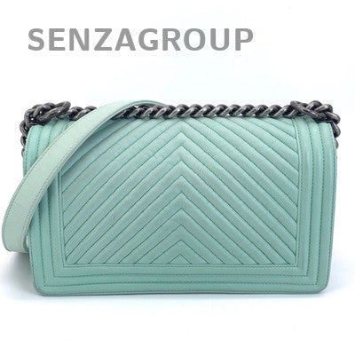 Chanel Le Boy Chevron Calfskin Chain Shoulder Bag Medium Green Silver