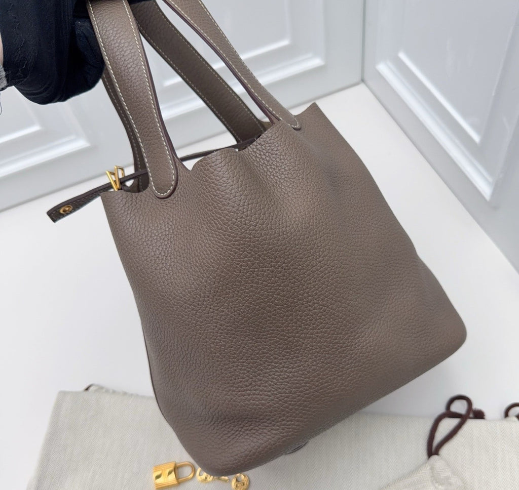 Hermes Picotin22 Top Handle Shoulder Bag Gray Gold Women Classic Fashion