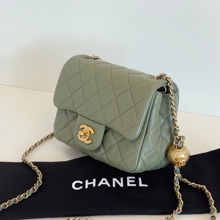 Chanel Classic Flap Chain Shoulder Crossbody Diamond Green Gold Women Fashion