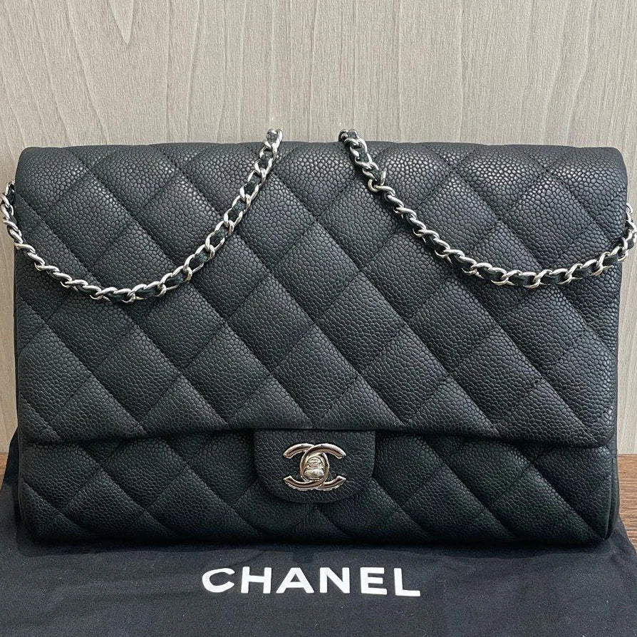 Authentic Chanel Timeless Black Chain Shoulder Bag Diamond Silver Hardware