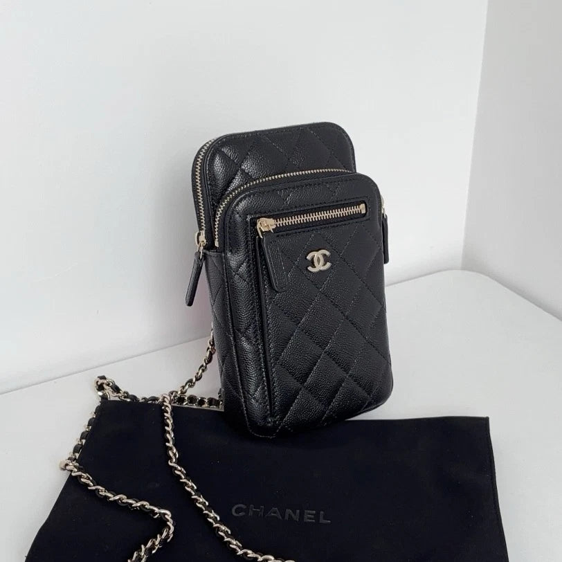 New Chanel Calfskin Phone Bag Gold Chain Black Crossbody Diamond