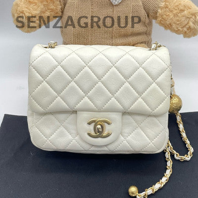 Chanel Classic Flap Gold Ball Chain Shoulder Bag White Diamond Quilted
