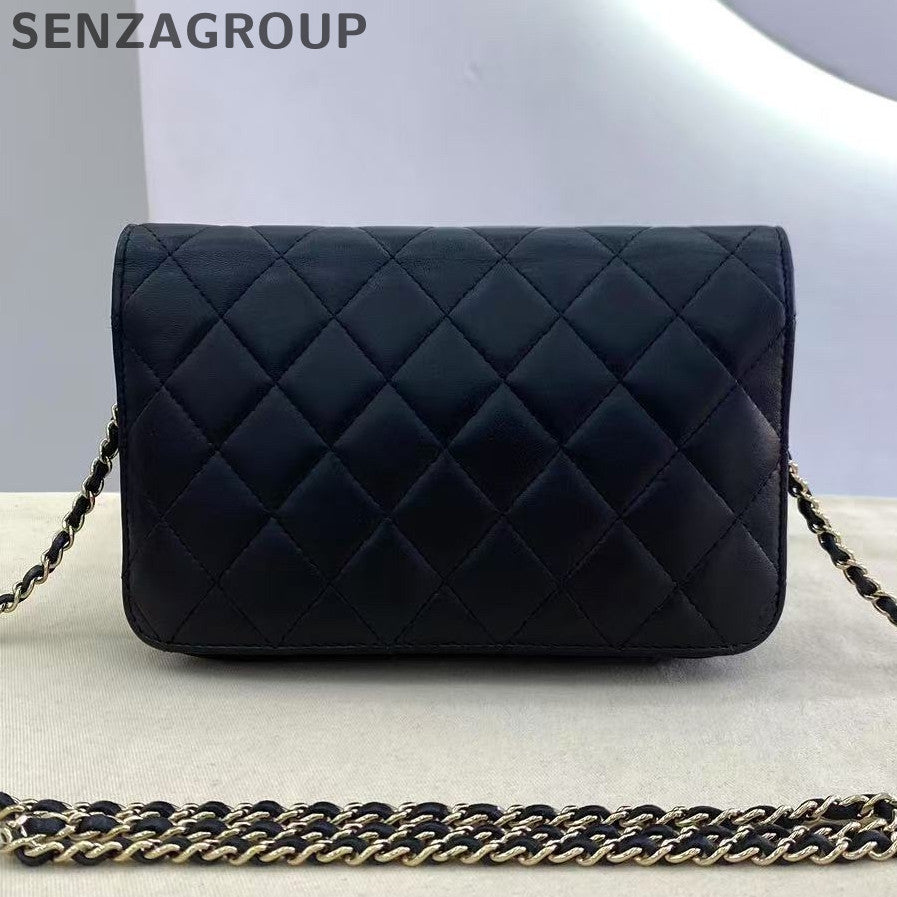 Chanel Black Lambskin Gold CC Logo WOC Chain Shoulder Crossbody Bag