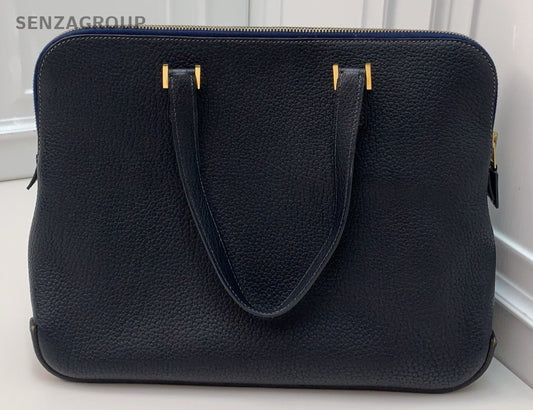 Hermes Vintage Satchel Handbag Blue Gold Unisex Adults Classic