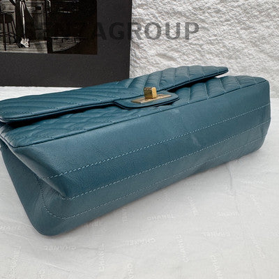 Chanel 2.55 Blue Gold Chevron Vintage Calfskin Chain Shoulder Crossbody Bag