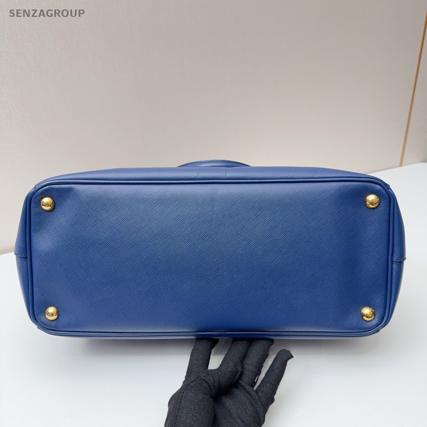 PRADA Saffiano Top Handle Blue Gold Handbag Women Classic