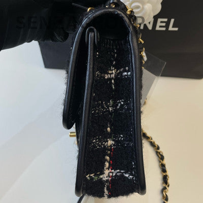 Chanel 22K Black Tweed Chain Crossbody Bag Gold Hardware Women's Fashion