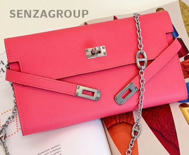 Hermes Kelly Long Wallet Epsom Leather DIY Chain Pink Women Almost Brand NEW
