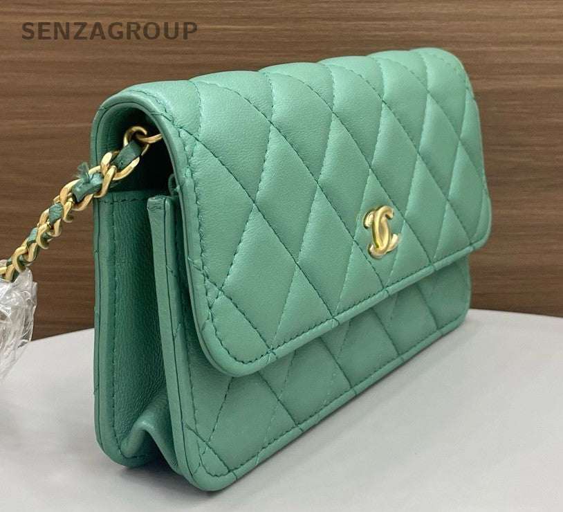 Chanel Lambskin Chain Shoulder Bag Crossbody Green Gold Women Classic Diamond