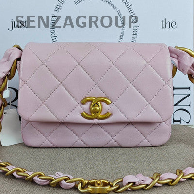 Chanel 24S Light Pink Gold Chain Hobo Shoulder Bag Quilted Pattern