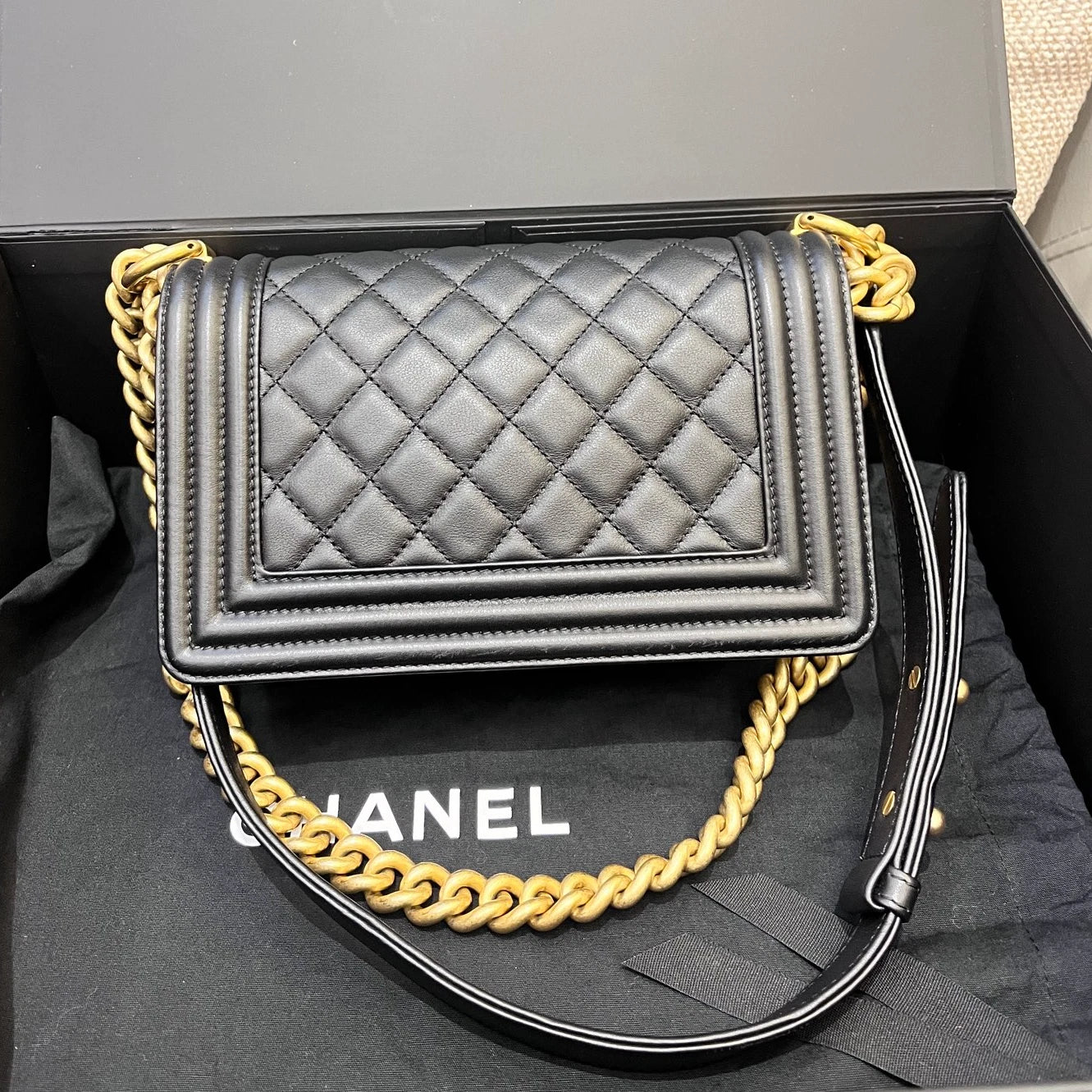 Chanel Leboy PM Calfskin Chain Shoulder Crossbody Black Gold Women Classic