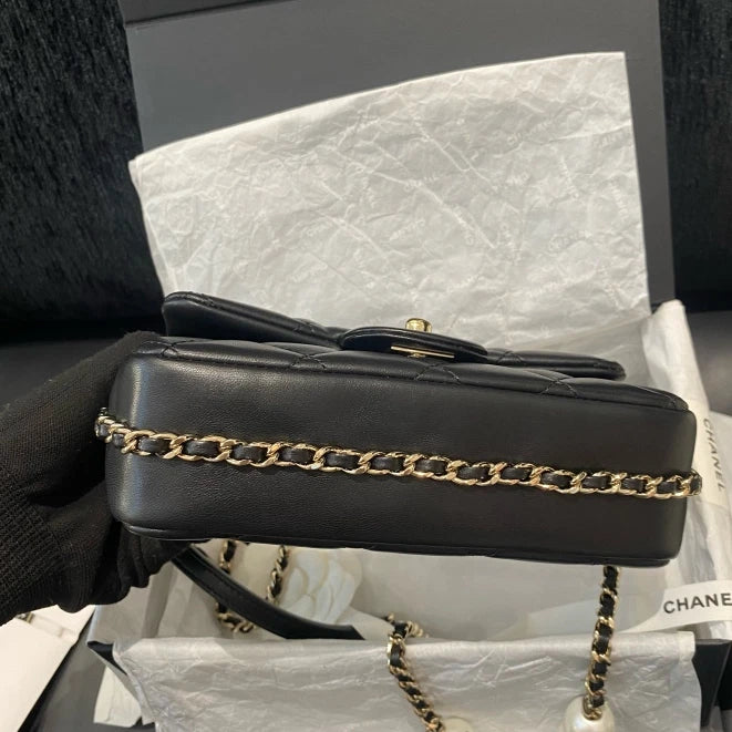 Chanel Classic Flap Mini Chain Shoulder Crossbody Bag Black Gold Women D