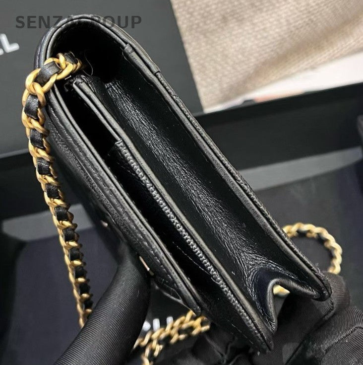 Chanel Vanity WOC Chain Shoulder Bag Crossbody Black Gold Diamond Women Classic