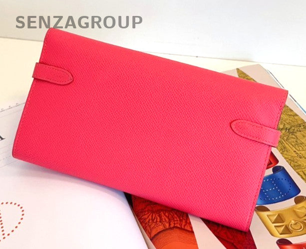 Hermes Kelly Long Wallet Epsom Leather DIY Chain Pink Women Almost Brand NEW