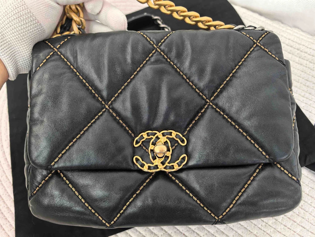 Chanel 19 Bag Crossbody Bag Lambskin Black Gold Diamond Women Classic