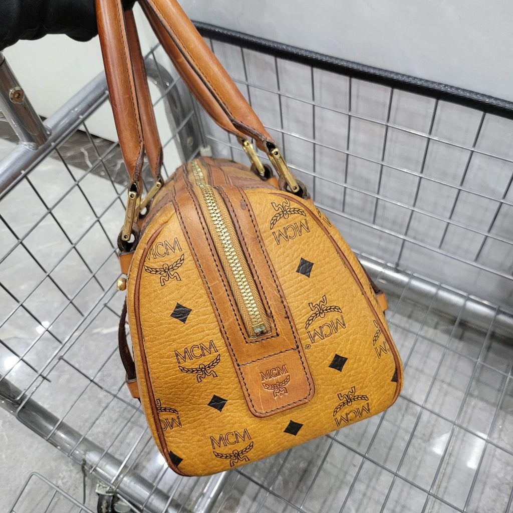 MCM Cognac Monogram PVC Boston Pillow Shoulder Handbag Women