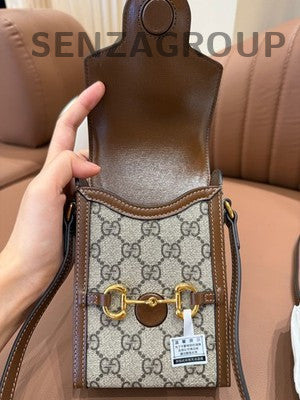 Gucci 1955 GG Supreme Brown Gold Buckle Phone Crossbody Bag Women