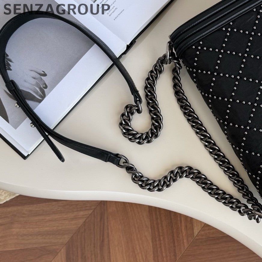 Chanel Leboy MM Chain Shoulder Crossbody Black Silver Diamond Women Classic