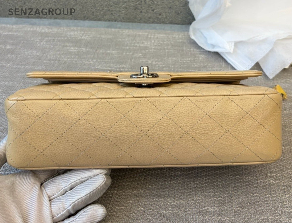 Chanel Classic Flap MM Chain Shoulder Bag Crossbody Beige Gold Women Diamond