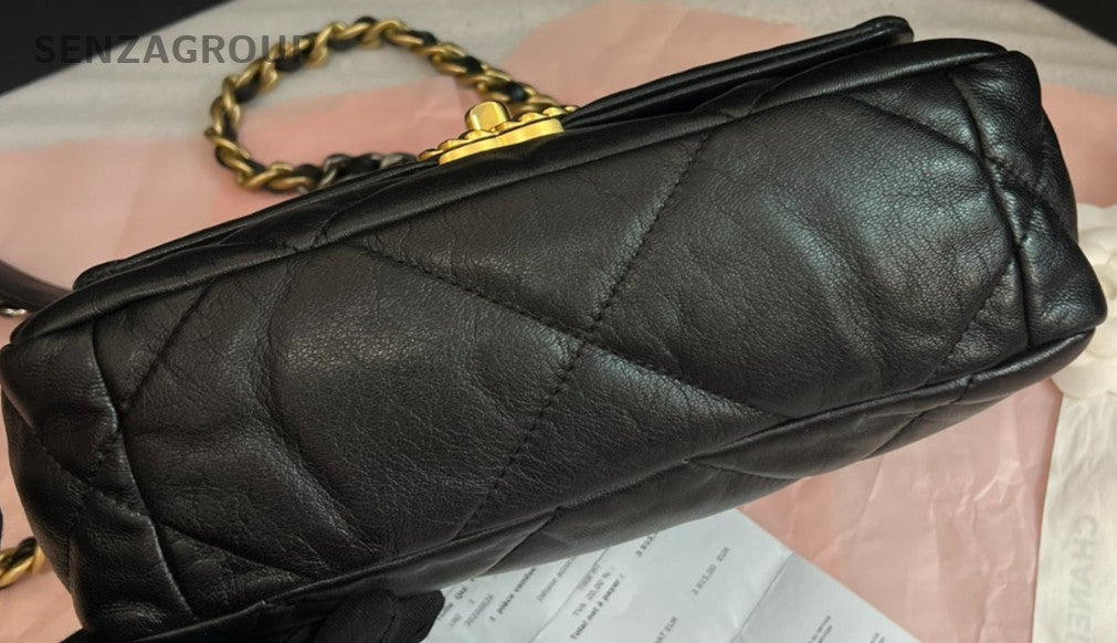 Chanel 19 PM Chain Top Handle Shoulder Bag Crossbody Black Gold Used Women