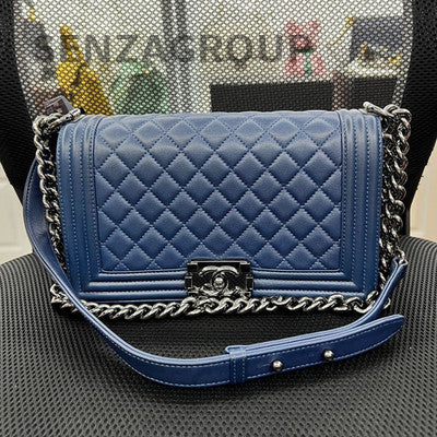 Chanel Le Boy Medium Blue Silver Calfskin Chain Shoulder Bag Classic