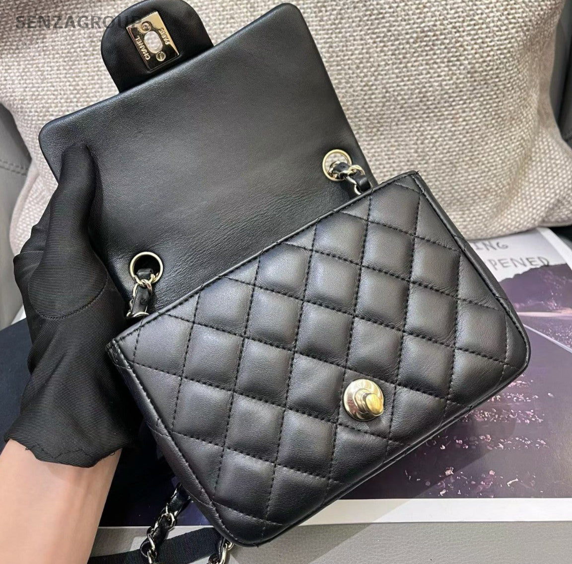Chanel Classic Flap Chain Crossbody Shoulder Bag Black Gold Women Diamond