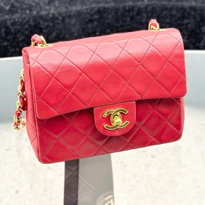 Chanel Vintage Lambskin Chain Shoulder Crossbody Bag Red Gold Women S