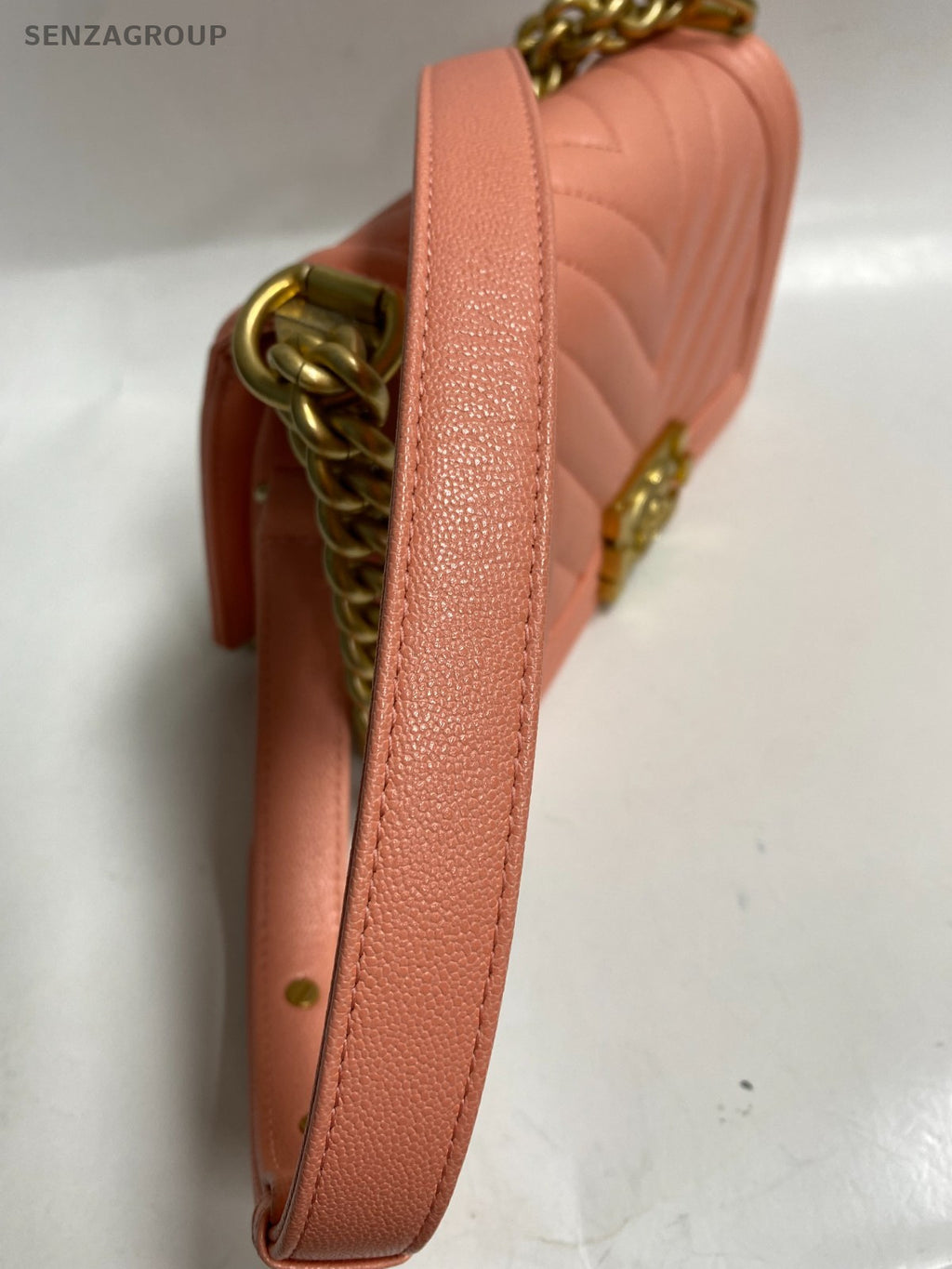 Chanel Leboy PM Chain Shoulder Bag Pink Gold Chevron Women Classic Fashion