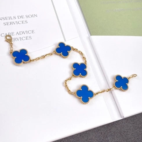 Van Cleef &amp; Arpels Vintage Alhambra 5 Motifs Bracelet 18K Yellow Gold Blue Agate